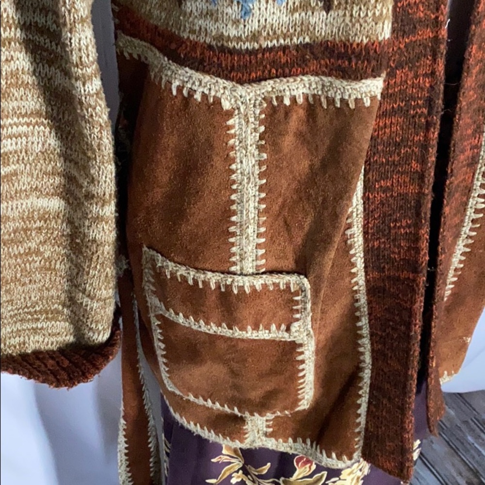 Vintage tribal aztec leather wool belted sweater - Picture 3 of 8